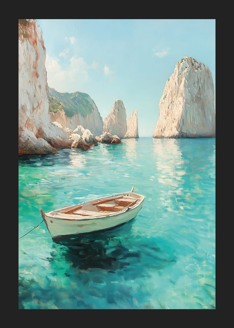 Juliste yksinäisestä veneestä, joka kelluu kristallinkirkkaalla vedellä, majesteettisten kallioiden ympäröimänä-12
