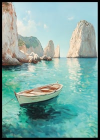 A poster of a lonely boat floating on crystal clear water, surrounded by majestic cliffs-6
