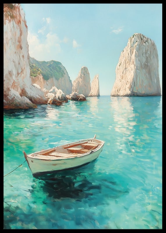 A poster of a lonely boat floating on crystal clear water, surrounded by majestic cliffs-12
