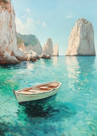 A poster of a lonely boat floating on crystal clear water, surrounded by majestic cliffs-7