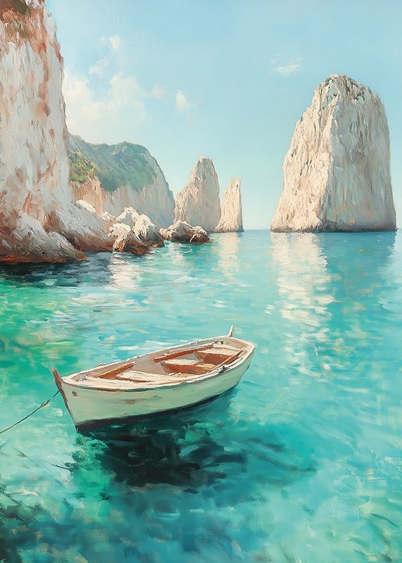 A poster of a lonely boat floating on crystal clear water, surrounded by majestic cliffs-12
