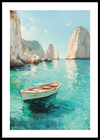 A poster of a lonely boat floating on crystal clear water, surrounded by majestic cliffs-0