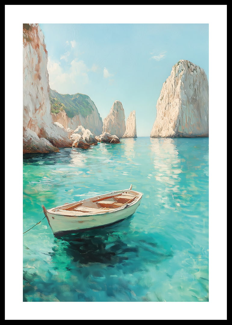 A poster of a lonely boat floating on crystal clear water, surrounded by majestic cliffs-12