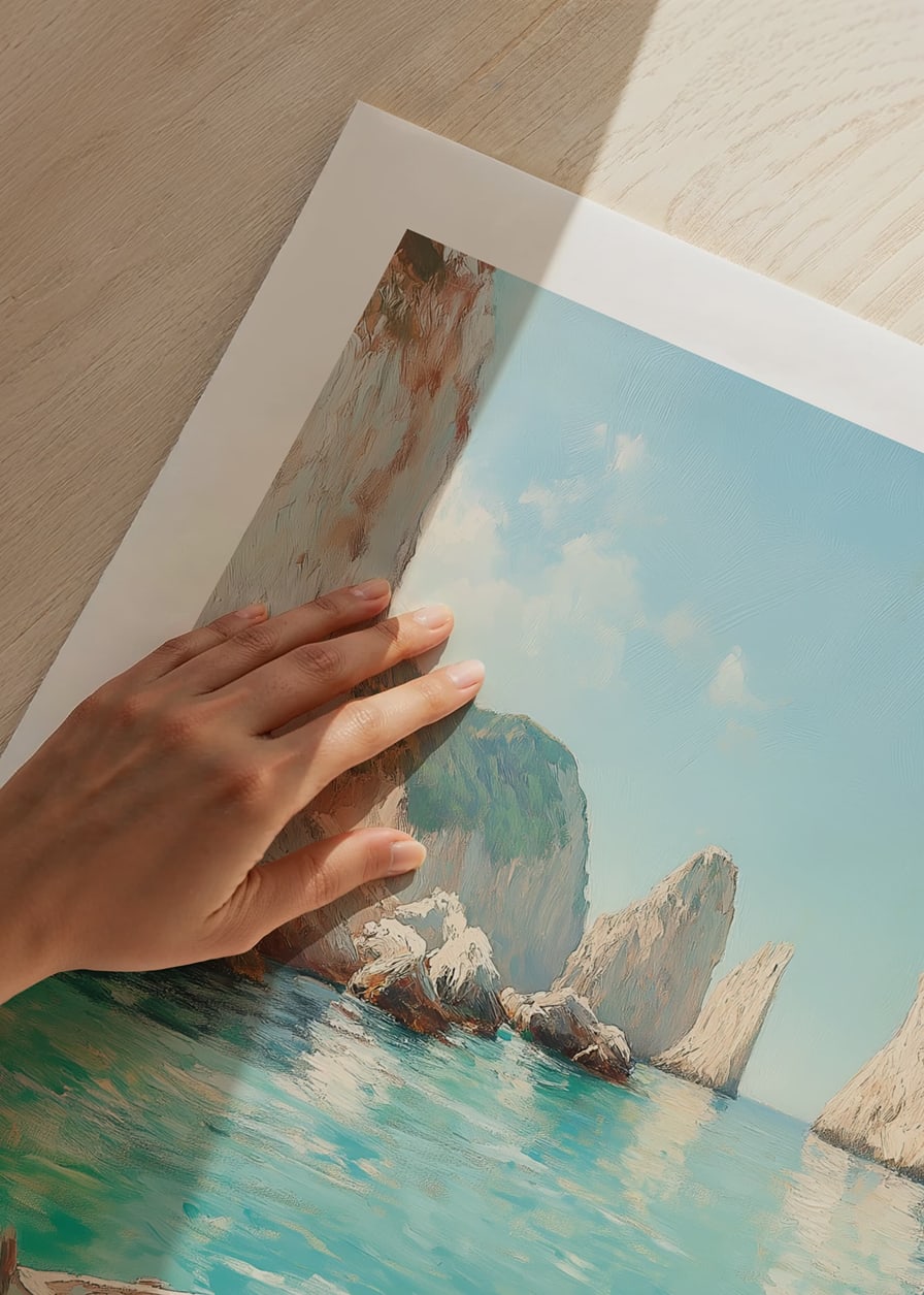 A poster of a lonely boat floating on crystal clear water, surrounded by majestic cliffs-12