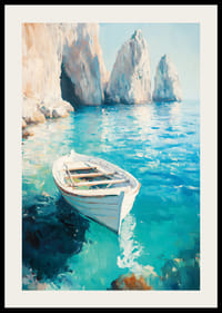 Plakāts ar vientuļu laivu, kas peld uz kristāldzidra tirkīza ūdens-2