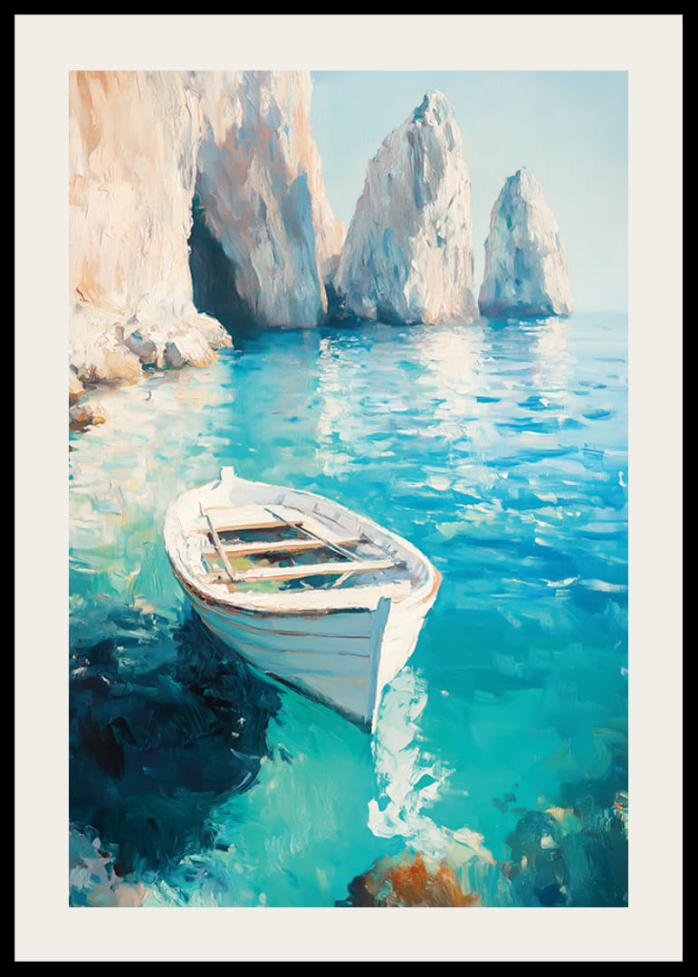 Plakāts ar vientuļu laivu, kas peld uz kristāldzidra tirkīza ūdens-12