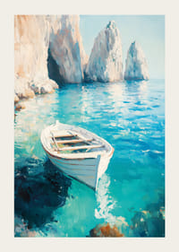 Plakāts ar vientuļu laivu, kas peld uz kristāldzidra tirkīza ūdens-3