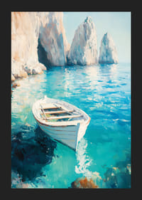 Plakāts ar vientuļu laivu, kas peld uz kristāldzidra tirkīza ūdens-5