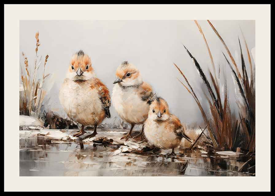 A poster with three small, fluffy birds standing together at the water's edge.-12