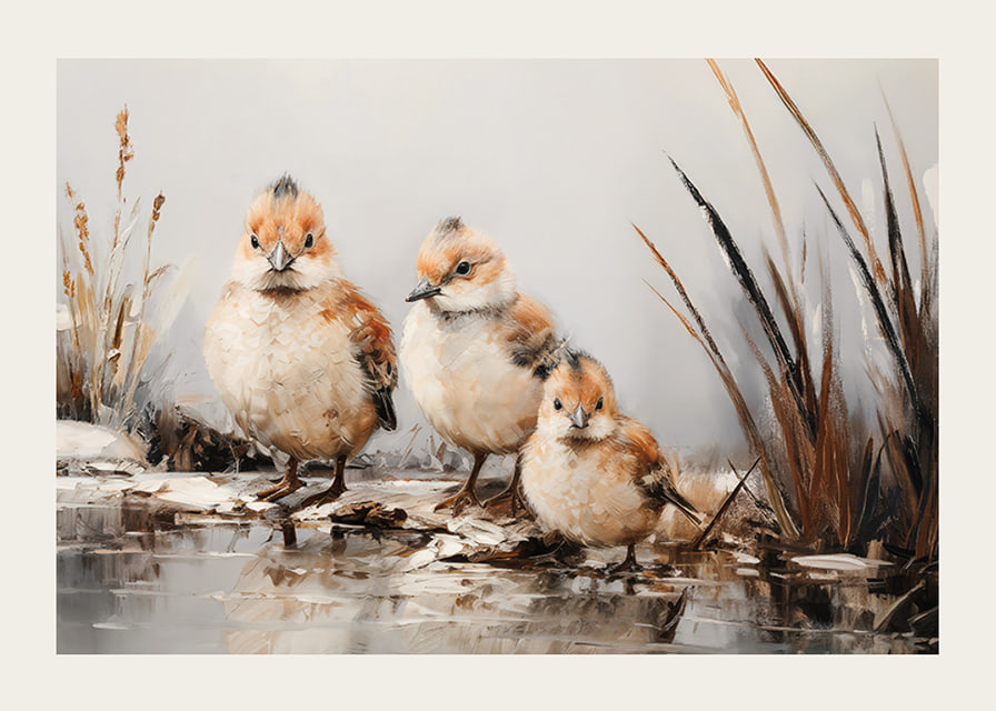 A poster with three small, fluffy birds standing together at the water's edge.-12