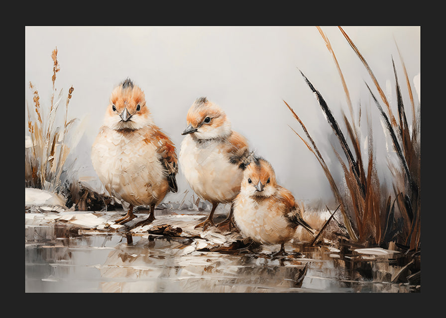 A poster with three small, fluffy birds standing together at the water's edge.-12