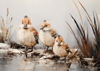 A poster with three small, fluffy birds standing together at the water's edge.-7