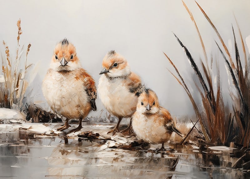 A poster with three small, fluffy birds standing together at the water's edge.-12
