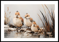 A poster with three small, fluffy birds standing together at the water's edge.-0