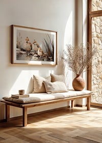 A poster with three small, fluffy birds standing together at the water's edge.-8