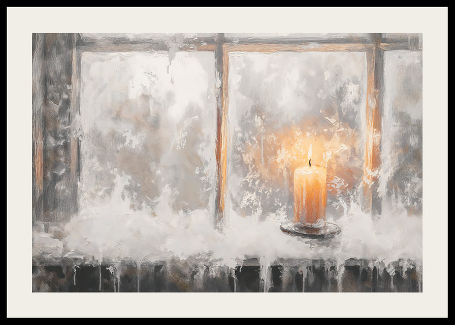Zimný plagát s osamelou sviečkou, ktorá osvetľuje mrazivé okno.-12