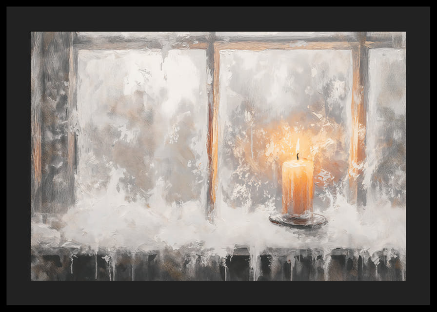 Zimný plagát s osamelou sviečkou, ktorá osvetľuje mrazivé okno.-12