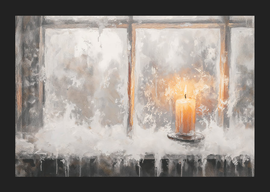 Zimný plagát s osamelou sviečkou, ktorá osvetľuje mrazivé okno.-12