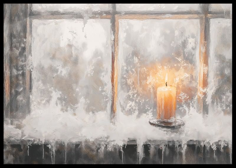 A winter poster with a lone candle illuminating a frosty window.-12