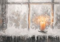 A winter poster with a lone candle illuminating a frosty window.-3