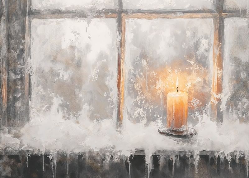 A winter poster with a lone candle illuminating a frosty window.-12
