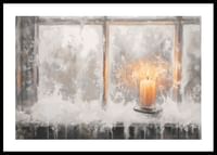 A winter poster with a lone candle illuminating a frosty window.-0