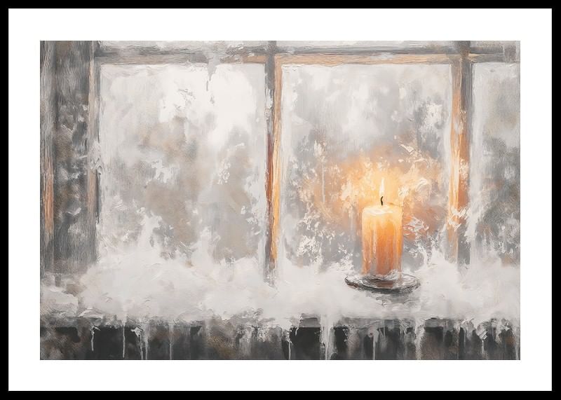 A winter poster with a lone candle illuminating a frosty window.-12