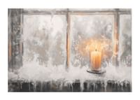 A winter poster with a lone candle illuminating a frosty window.-1