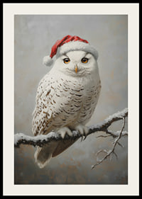 A Christmas poster with a snowy owl in a Santa hat on a frosty branch.-2