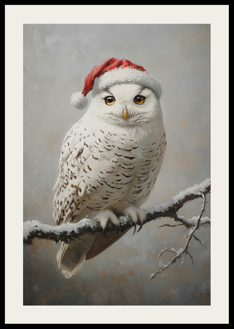 En julposter med en snöuggla i tomteluva på en frostig gren.-12