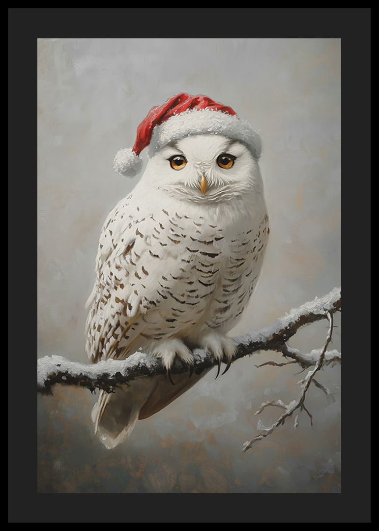 A Christmas poster with a snowy owl in a Santa hat on a frosty branch.-12