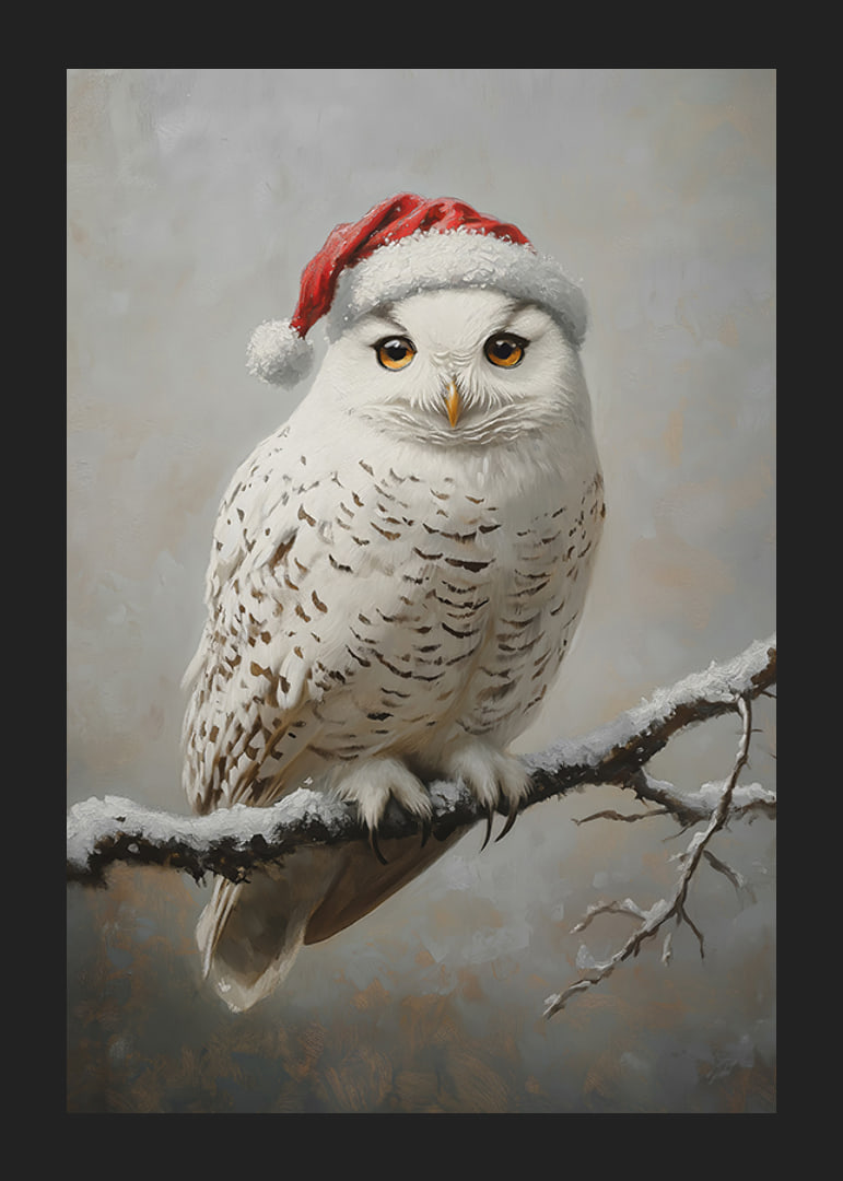 A Christmas poster with a snowy owl in a Santa hat on a frosty branch.-12