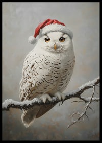 A Christmas poster with a snowy owl in a Santa hat on a frosty branch.-6