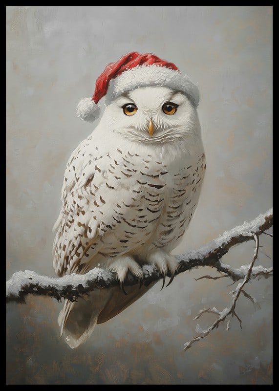 A Christmas poster with a snowy owl in a Santa hat on a frosty branch.-12