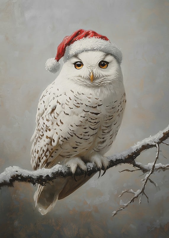 A Christmas poster with a snowy owl in a Santa hat on a frosty branch.-12
