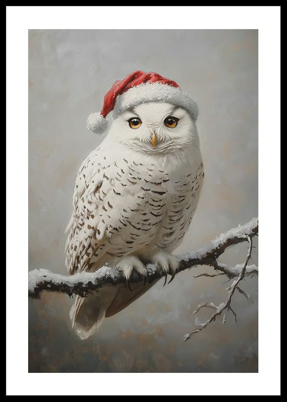 Een kerstposter met een sneeuwuil in een kerstmuts op een ijzige tak.-12