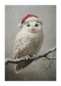 A Christmas poster with a snowy owl in a Santa hat on a frosty branch.-1