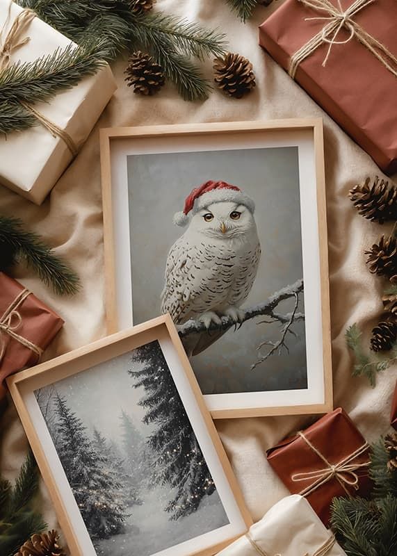 Een kerstposter met een sneeuwuil in een kerstmuts op een ijzige tak.-12