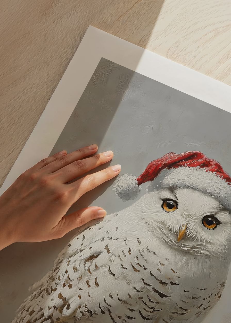 Een kerstposter met een sneeuwuil in een kerstmuts op een ijzige tak.-12