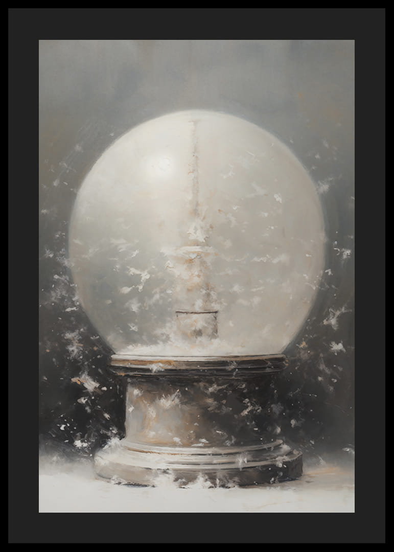 Téli poszter atmoszférikus hógömbbel, mely időtlen rejtélyt sugároz.-12