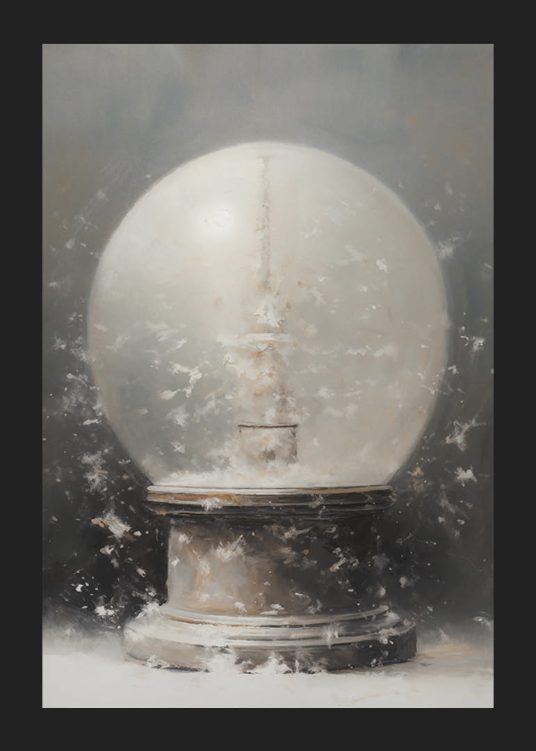 Téli poszter atmoszférikus hógömbbel, mely időtlen rejtélyt sugároz.-12