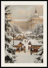 Ein Weihnachtsplakat mit einem verschneiten, traditionellen Weihnachtsmarkt in historischer Stadtkulisse.-2