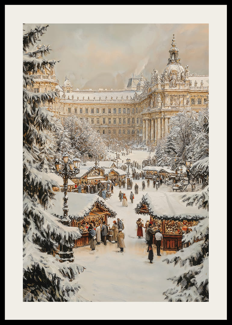 Ein Weihnachtsplakat mit einem verschneiten, traditionellen Weihnachtsmarkt in historischer Stadtkulisse.-12