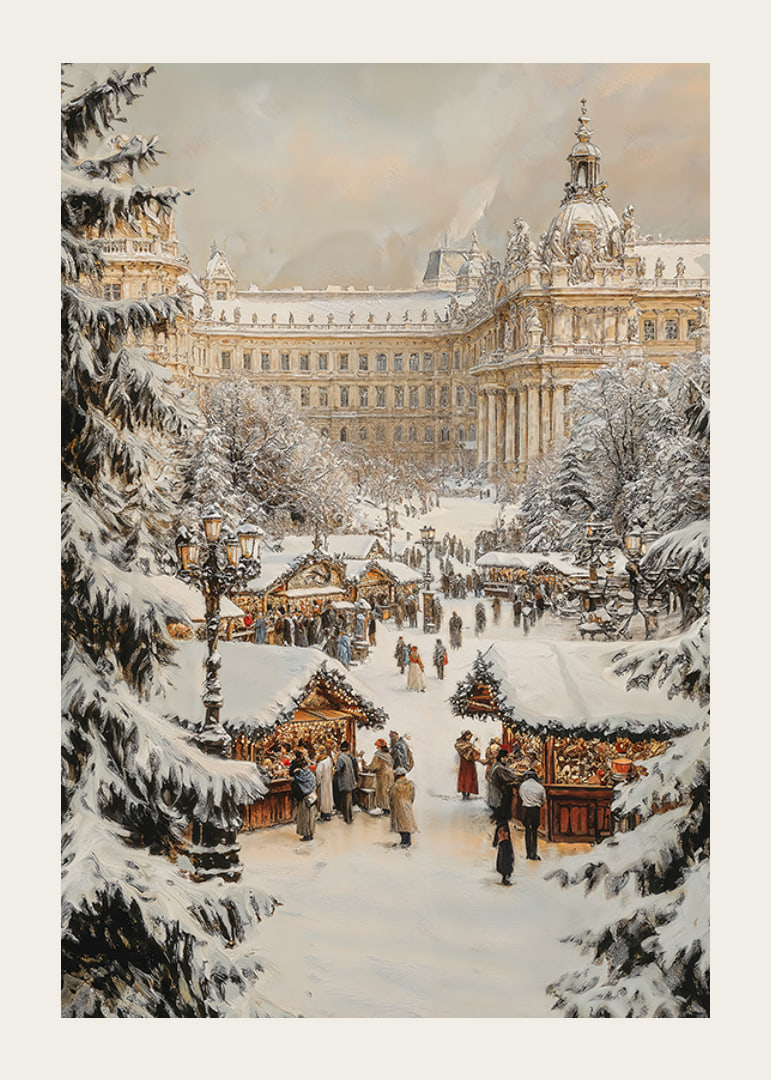A Christmas poster with a snow-covered, traditional Christmas market in a historic city setting.-12