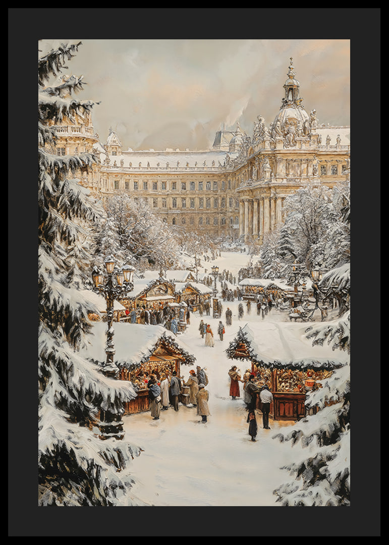A Christmas poster with a snow-covered, traditional Christmas market in a historic city setting.-12