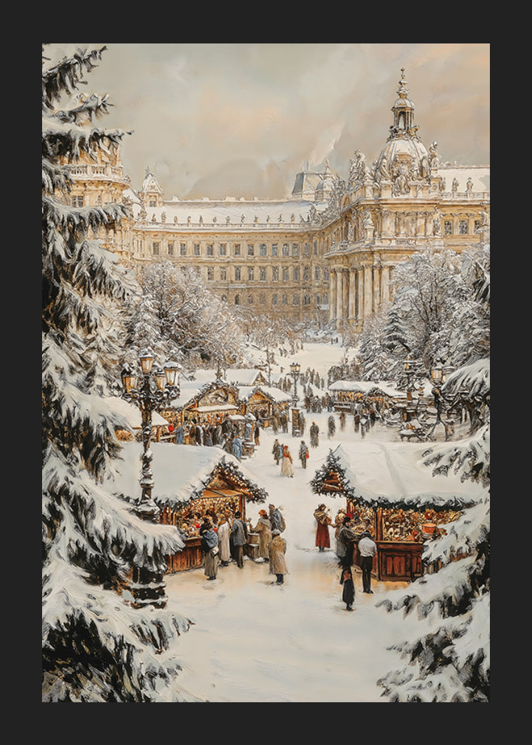 A Christmas poster with a snow-covered, traditional Christmas market in a historic city setting.-12