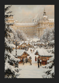Ein Weihnachtsplakat mit einem verschneiten, traditionellen Weihnachtsmarkt in historischer Stadtkulisse.-5