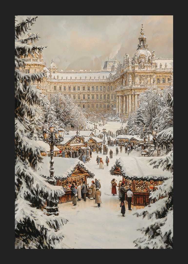 Ein Weihnachtsplakat mit einem verschneiten, traditionellen Weihnachtsmarkt in historischer Stadtkulisse.-12