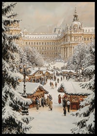A Christmas poster with a snow-covered, traditional Christmas market in a historic city setting.-6