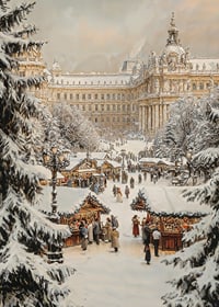 A Christmas poster with a snow-covered, traditional Christmas market in a historic city setting.-7